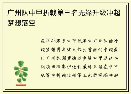 广州队中甲折戟第三名无缘升级冲超梦想落空 广州队中甲折戟第三名无缘升级冲超梦想落空