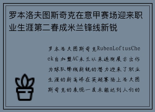 罗本洛夫图斯奇克在意甲赛场迎来职业生涯第二春成米兰锋线新锐 罗本洛夫图斯奇克在意甲赛场迎来职业生涯第二春成米兰锋线新锐