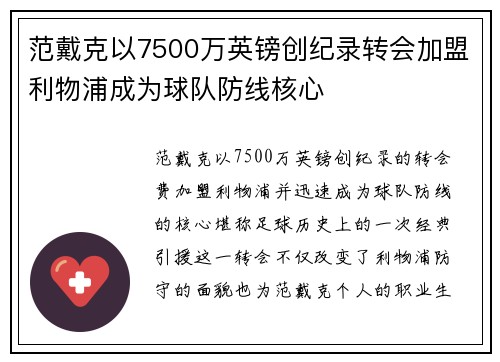 范戴克以7500万英镑创纪录转会加盟利物浦成为球队防线核心 范戴克以7500万英镑创纪录转会加盟利物浦成为球队防线核心