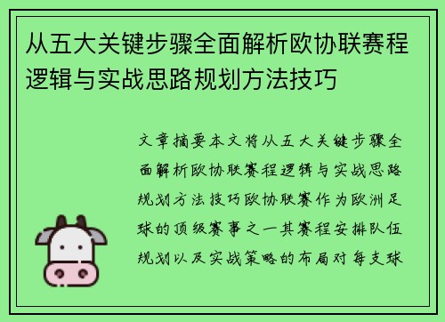 从五大关键步骤全面解析欧协联赛程逻辑与实战思路规划方法技巧 从五大关键步骤全面解析欧协联赛程逻辑与实战思路规划方法技巧